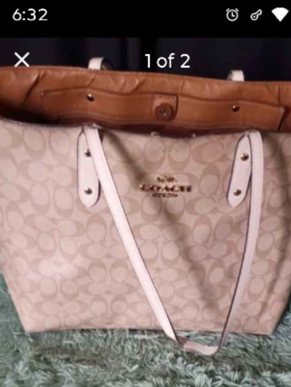 Coach Beige Signature Tote with White Straps and Tan Trim